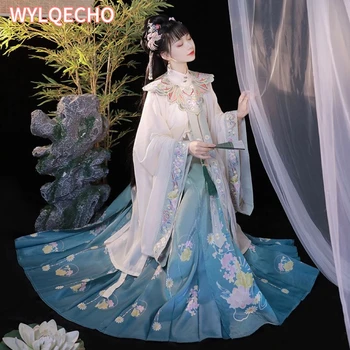 2 Spalvų Kinijos Tradicinės Hanfu Moterų Ming Dinastijos Debesis Peties Arklių Veido Sijonas Spausdinimo Liaudies Pasakų Šokių Cosplay Suknelė