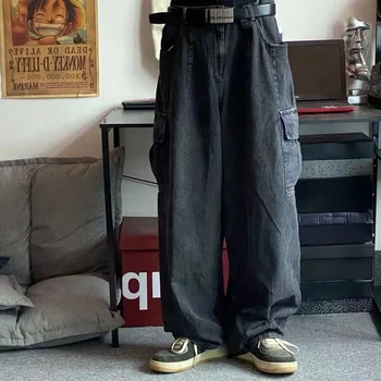 2022 Baggy Jeans Kelnės Vyrai Džinsinio audinio Kelnės Juodos Plačios Kojos Kelnės, vyriški Džinsai Negabaritinių Krovinių korėjos Streetwear Hip-Hop Harajuku