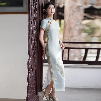 2022 Naujų Tradicinių Cheongsam Retro Slim Vasaros Kinų Stiliaus Moterų Suknelė Gėlių Mados Ilgai Qipao M - XXXL