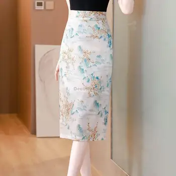 2023 retro naujas kinijos nacionalinio stiliaus gėlių spausdinti satino sijonas moterų mados elastinga juosmens šilko įvyniojimas klubo pusę sijonas s526