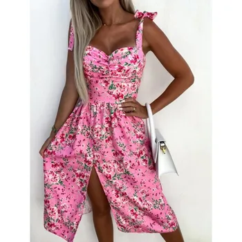 Atsitiktinis Gėlių Boho Elegantiška Berankovė Suknelė, Diržas Moterims, Pink Gėlių Spausdinti Bohemijos Paplūdimio Vasaros Stiliaus Mini Suknelė 2023
