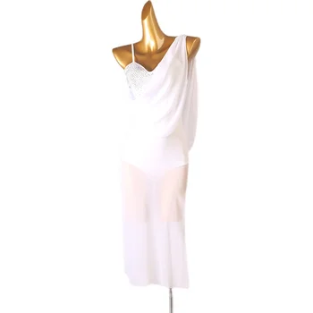 Balta lotynų Šokių Suknelė Seksualus Kristalų, Cirkonio Moterų Veiklos ilgomis Rankovėmis, Rumba, Cha Cha Dancewear