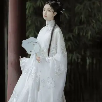 Baltos spalvos Gėlių Siuvinėjimas Hanfu Kostiumas Moterims, Pavasarį, Rudenį 2vnt Kinijos Tradicinių Drabužių Stovėti Apykaklės Hanfu eksploatacinių parametrų Kostiumas