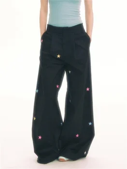 Deeptown korėjos Stiliaus Žvaigždė Siuvinėjimo Track Kelnės Moterims Y2K Vintage Black Sweatpants Negabaritinių Harajuku Retro Pločio Kojų Poilsiu