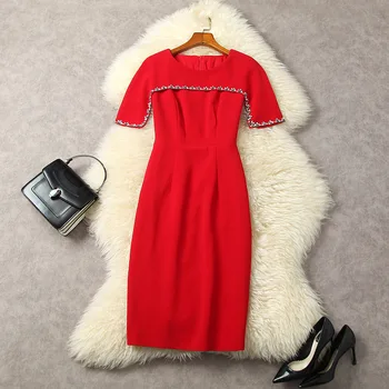 Europos ir Amerikos moterų drabužiai 2023 m. pavasarį naujas Trumpas rankovės Zawalcowany crewneck mados Raudona Slim suknelė