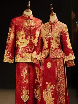 High-end Aukso Raudona XiuHe Kostiumas Tradicinės Kinų Drabužiai Moterims Trijų Ketvirtį Rankovėmis Drakonas, Feniksas Elementai, Vestuvių Rinkinys