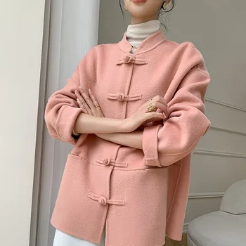 Kinų Stiliaus Susukti Tang Buckle tinka Moterų Universalus Dvipusis Vilnonis Coat100% grynas vilna