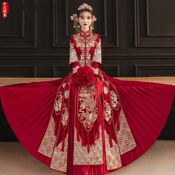 Klasikinis Kinų Stiliaus Vestuvinė Suknelė Cheongsam Aukštos Kokybės Siuvinėjimo Santuokos Kostiumas Rytų Nuotakos Drabužius, Vintage Qipao