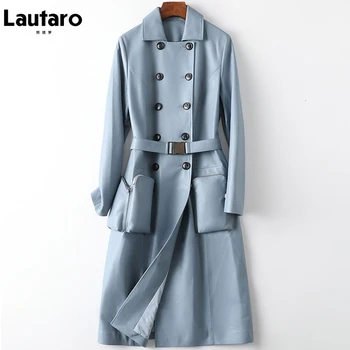 Lautaro Rudenį Ilgai, Soft Light Blue Odos Tranšėjos Paltai Moterims, Diržas Dvigubo Breasted Elegantiška Prabanga Britų Stiliaus Mados 2022