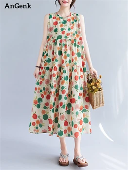 Medvilnės Spausdinti Gėlių Derliaus Suknelės Moterims 2023 Naujas Vasaros Atsitiktinis Ilgai Mados Suknelė Femme Skraiste Office Lady Elegantiškas Drabužiai