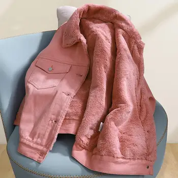 Moterų Rudenį ir Žiemą Džinsinio Audinio Striukė korėjos Versija Prarasti Mados Pink Šiltas Džinsinis Švarkas Moterų Streetwear Kailis 2022
