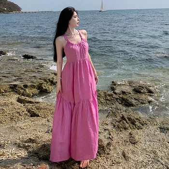 Nauja Vasaros Apynasrio Backless Midi Moterų Suknelė 2023 Paprasta Prarasti Paplūdimys Atostogų Rožinė, Violetinė Ilgai Sundress Korėjos Lolita Tingus Stilius