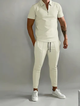 Naujas vientisos Spalvos vyriški Tiktų Vasaros Atsitiktinis trumpomis Rankovėmis Polo Marškinėliai Blauzdos kelnės &Vyrų Streetwear Vyrų tracksuit 2-piece set