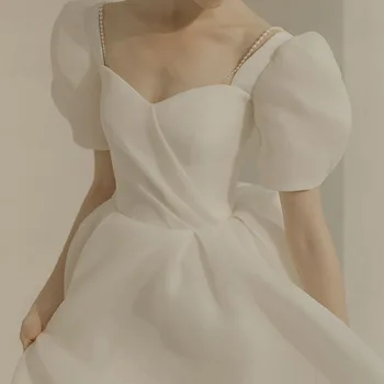 Nuotaka Balta Prancūzų-Line Vestuvių Suknelės, Elegantiškas Trumpas Rankovės Kvadratinių Kaklo Backless Princesė Šalis Suknelė