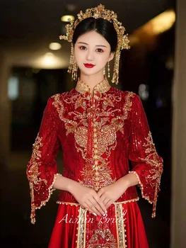 Nuotaka Kostiumas Taurę Drabužių Elegantiškas Kutas Cheongsam Kinų Stiliaus Blizgančių Blizgančiais Duobute Vestuvių Suknelė Santuokos Rinkinys
