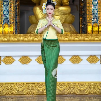 Tajų Tradicinis Kostiumas Moterims Pavasario Vasaros Viršūnes Palaidinė Ilgas Sijonas Rinkiniai Kasdien Dėvėti Tailandas Drabužių Ponios Suknelė