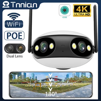 Tnnian 4K 8MP WIFI, Dual Lens Lauko Kamera 180° Plataus Kampo Auto Stebėjimo POE Žiūronų Fotoaparato Spalva Naktinio Matymo iCsee