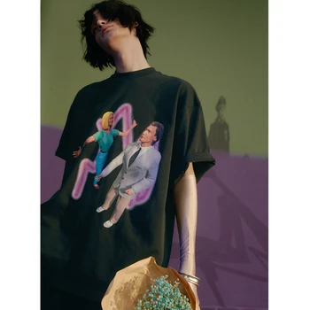 Trumparankoviai Marškinėliai apvalios Kaklo Juodas Vyrų ir Moterų Paties Karikatūra Neon Spausdinti Retro T-shirt Prarasti Atsitiktinis Mados Jaunimo Populiarus