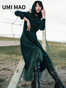 UMI MAO Yamamoto Tamsus, Šaltas Vėjas Kinų Stiliaus Gobtuvu Moterų 2022 m. Pavasarį Naujas Retro Susiuvimo Nereguliarus Ilgas Rankovėmis Suknelė Y2K