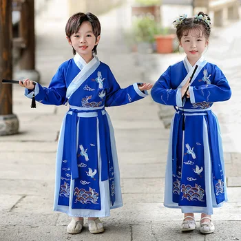 Vaikai Hanfu Set Blue Vintage V-kaklo Veiklos Kostiumas Nustatyti, Tinka ir Berniukams, ir Mergaitėms