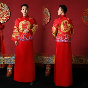 Vyriški Tradicinės Kinų Vestuvių Tango Kostiumų Retro Red, Siuvinėta Jaunikis Vestuvių Skrudinimas Suknelė Dragon 
