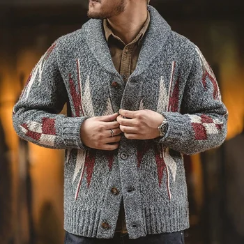 Vyrų rudens ir žiemos naujų spalvų kontrastas žakardo megztinis Atvartas ilgomis rankovėmis megztinis kailis tendencija sr0137