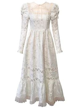 YIGELILA Mados Moterų Balta Elastiniai Nėriniai Suknelė Elegantiškas O-kaklo Visą Rankovėmis Suknelė Imperijos Slim Ilga Suknelė Kulkšnies ilgis 67744