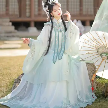 Yourqipao Originalas Ming Dinastijos Hanfu Nuolatinis Apykaklės Skraiste, Klostuotas Sijonas Debesis Peties 4Pcs Moterų Kinų Pasakų Žalia Suknelės
