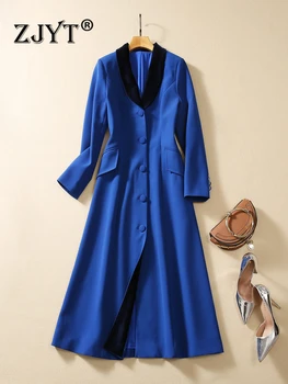 ZJYT Rudens Žiemos Ilgos Tranšėjos Paltai Moterims 2023 Pasukite Žemyn Apykaklės Vieną Krūtinėmis Švarkelis Mėlynos spalvos Švarkas Elegantiškas viršutinių drabužių siuvimas